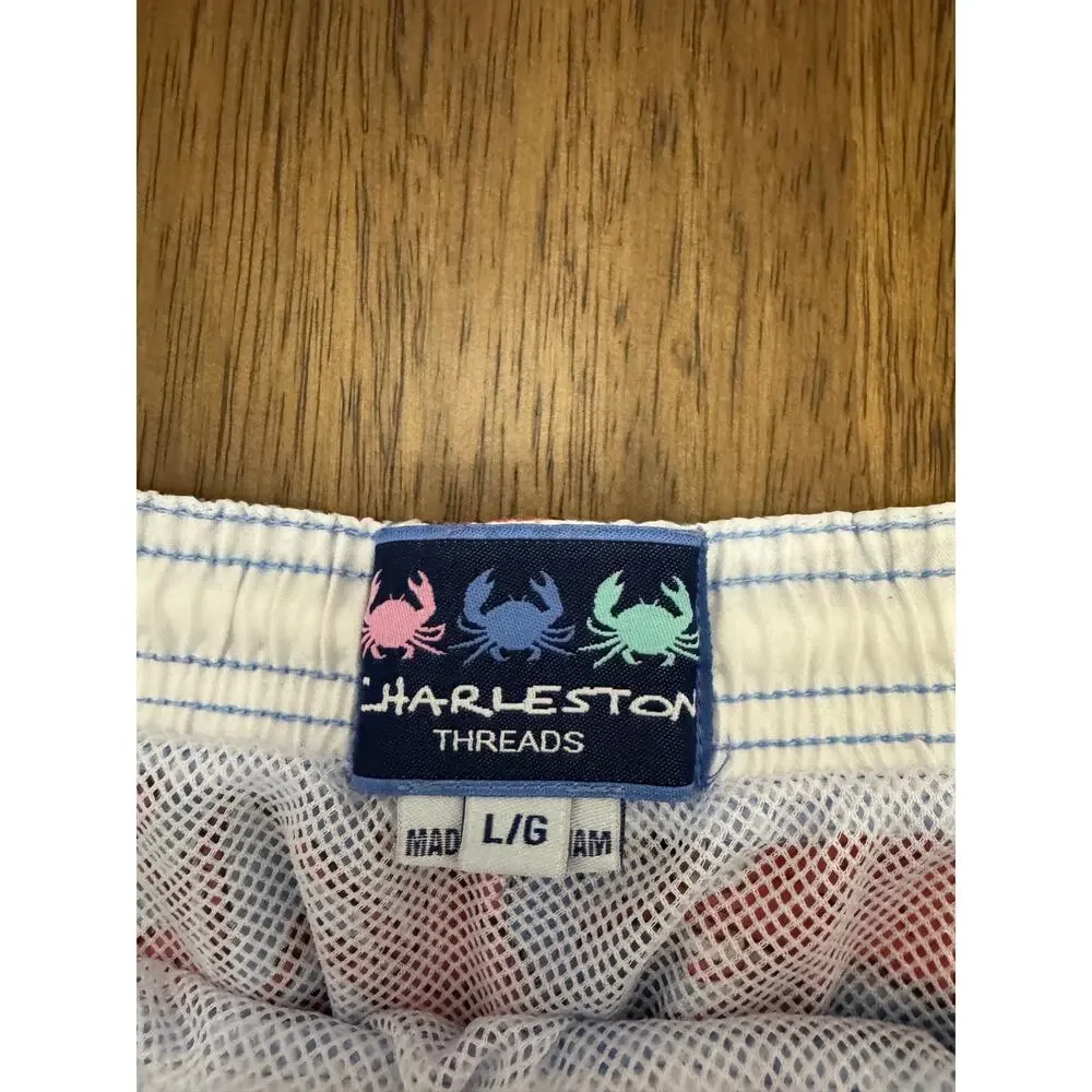Charleston Threads Blue Orange Crab Print Swim Trunks - Men’s L